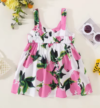 Summer Girls Dress Children's Sleeveless Lemon Print Bow European and American Style Suspender Dress