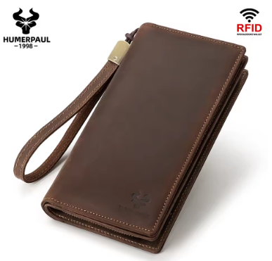 HUMERPAUL Men Wallets Genuine Leather Male Long Clutch with Phone Pocket RFID Blocking Cards Holder Large Capacity Storage Bags