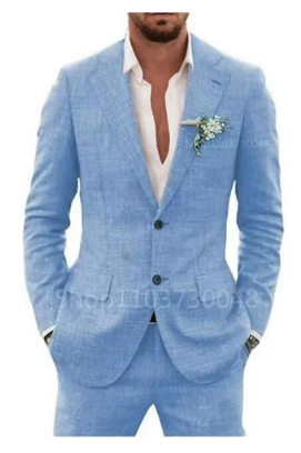 Casual 2 Piece Beige/Blue Linen Men Suits Notch Lapel Slim Fit Groom Tuxedos Blazer Pants Sets Wedding Prom Party Costume Homme