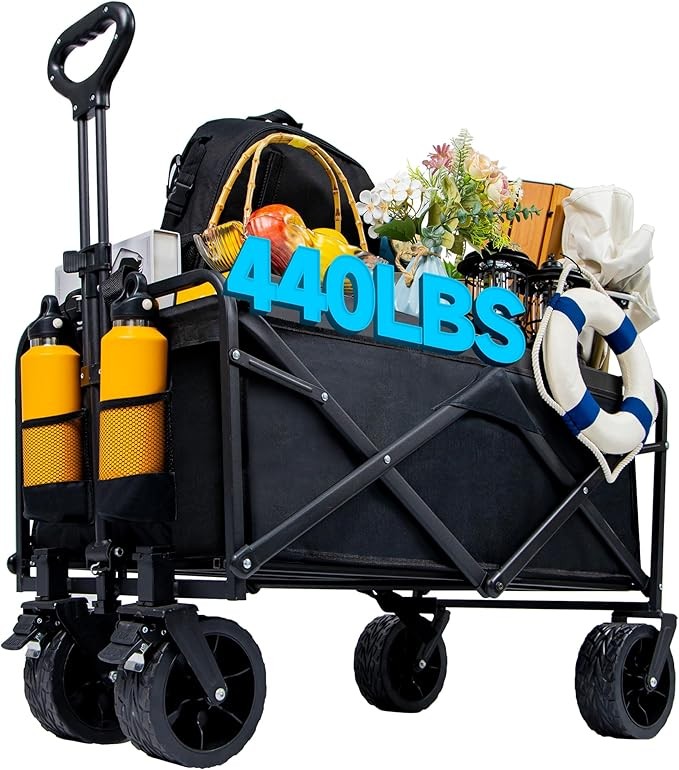 Collapsible Foldable Wagon, Heavy Duty Folding Utility Garden Cart Wagon for Sports, Camping, Garden, and Shopping, Black