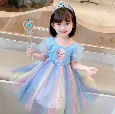 2025 New Girls Dress Short sleeve Disney Kids Clothes Summer for Children Frozen Elsa Princess Dresses Party Dress Fashion 2-8Y