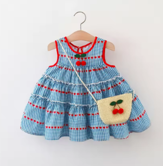 2 Pcs Baby Girl's New Summer Dress with Sleeveless Round Neck Plaid Heart Cherry Cotton Skirt and Diagonal Cross Bag Included