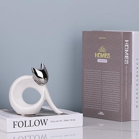 YUNSHID Abstract Small Sitting Cat Statue for Modern Home Decor, White and Silver Decor, Minimalist Cat Figurine for Table Shelf Desk Entryway Mantle Decor, Perfect for Animal & Pet Lovers, 5.9'in