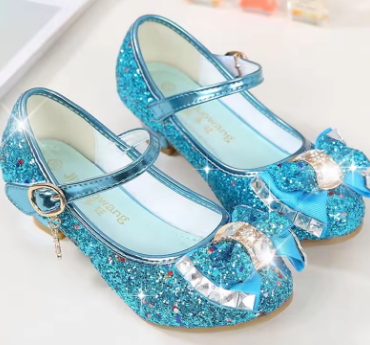 Princess Kids Leather Shoes for Girls Flower Casual Glitter Children High Heel Girls Shoes Butterfly Knot Blue Pink Silver