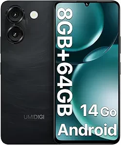 UMIDIGI G9A Unlocked Phone, Android 14 Go Cell Phone, 4G Dual SIM Card, 8GB+64GB/1TB Expand Octa-Core, 3.5mm Headphone Jack Phones 6.75"HD+Display AI Face Unlock Mobile Phones, 5000mAh, GPS，FM (Black)