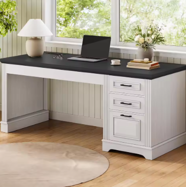 Farmhouse 55" Executive Desk, Computer Desk with Storage Drawers and Power Outlet, Home Office Desk, Workstation , White