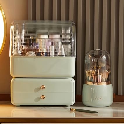 Large Makeup Organizer with Brush Holder, Makeup and Skincare Organizer for Vanity, Cosmetics Skincare Organizers with Lid and Drawers for Countertop, Bathroom, Dresser, Ideal Gifts for Women