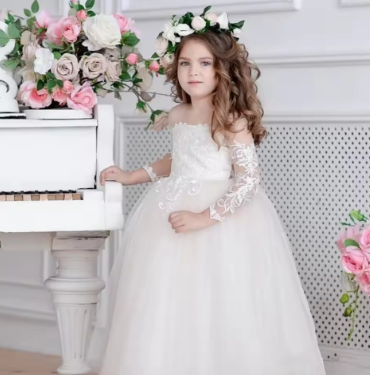 BABYONLINE Vintage Princess Lace Floral Bodice Tulle Flower Girls Dress for Kid Child Wedding Party Junior Bridesmaid Ball Gown